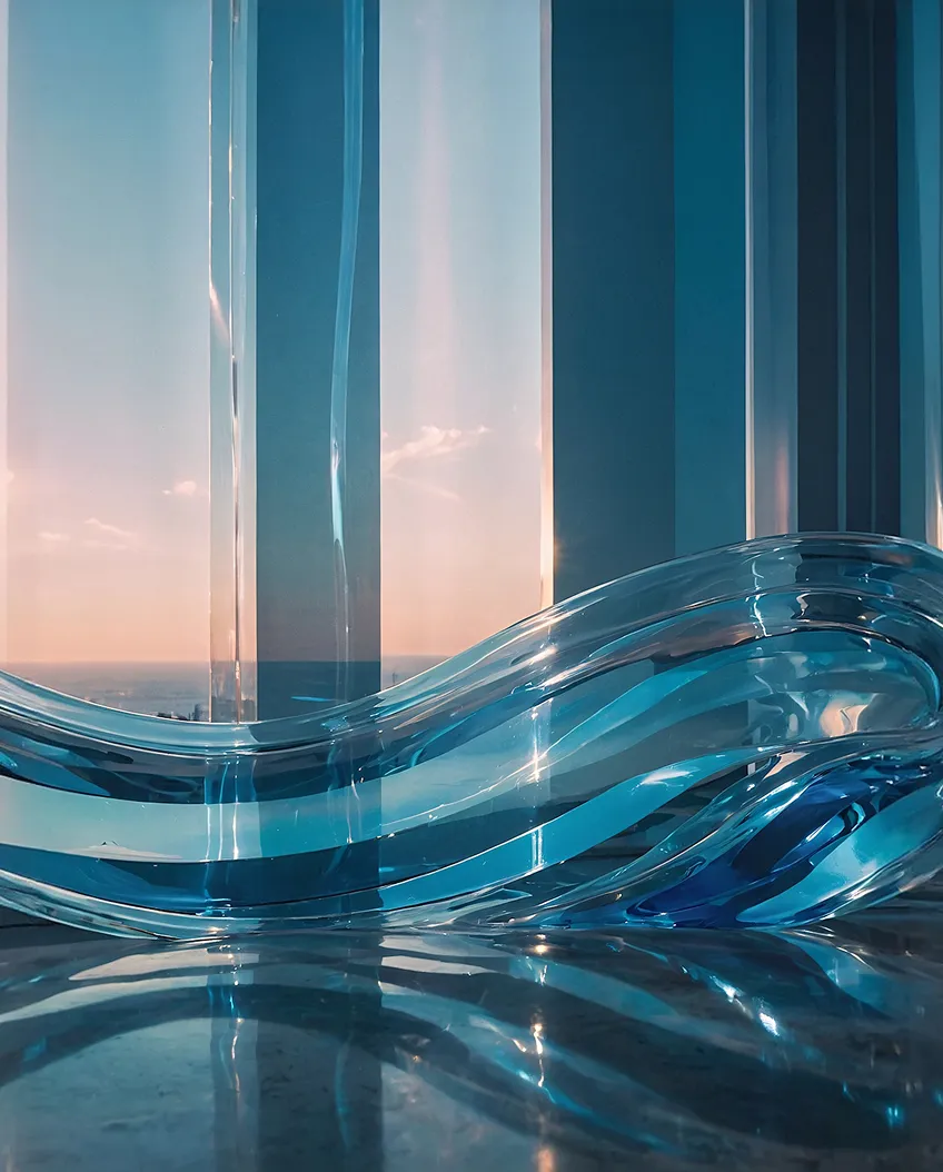 Curved, transparent blue glass sculpture with vertical glass panels and ocean view at sunset in the background.