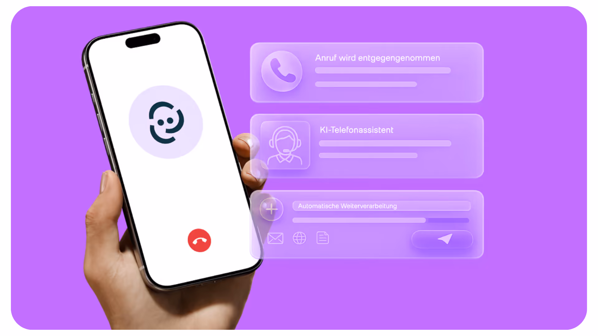 Hand hält Smartphone mit Anrufsymbol auf weißem Bildschirm vor lila Hintergrund und schwebenden transparenten Infofeldern mit Symbolen und Texten