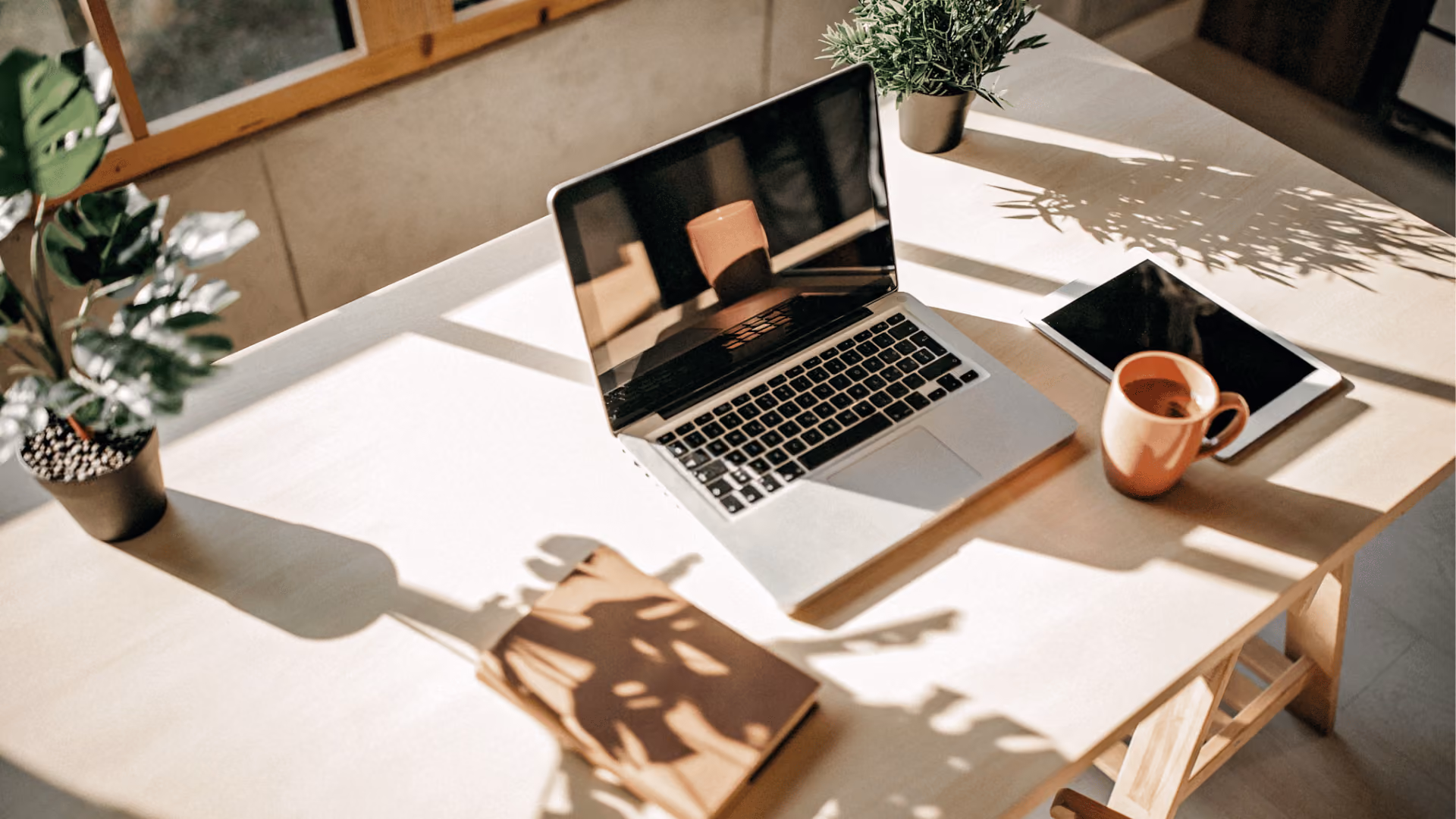 Offener Laptop, Tablet und Kaffeetasse auf hellem Schreibtisch mit Schatten von Pflanzen