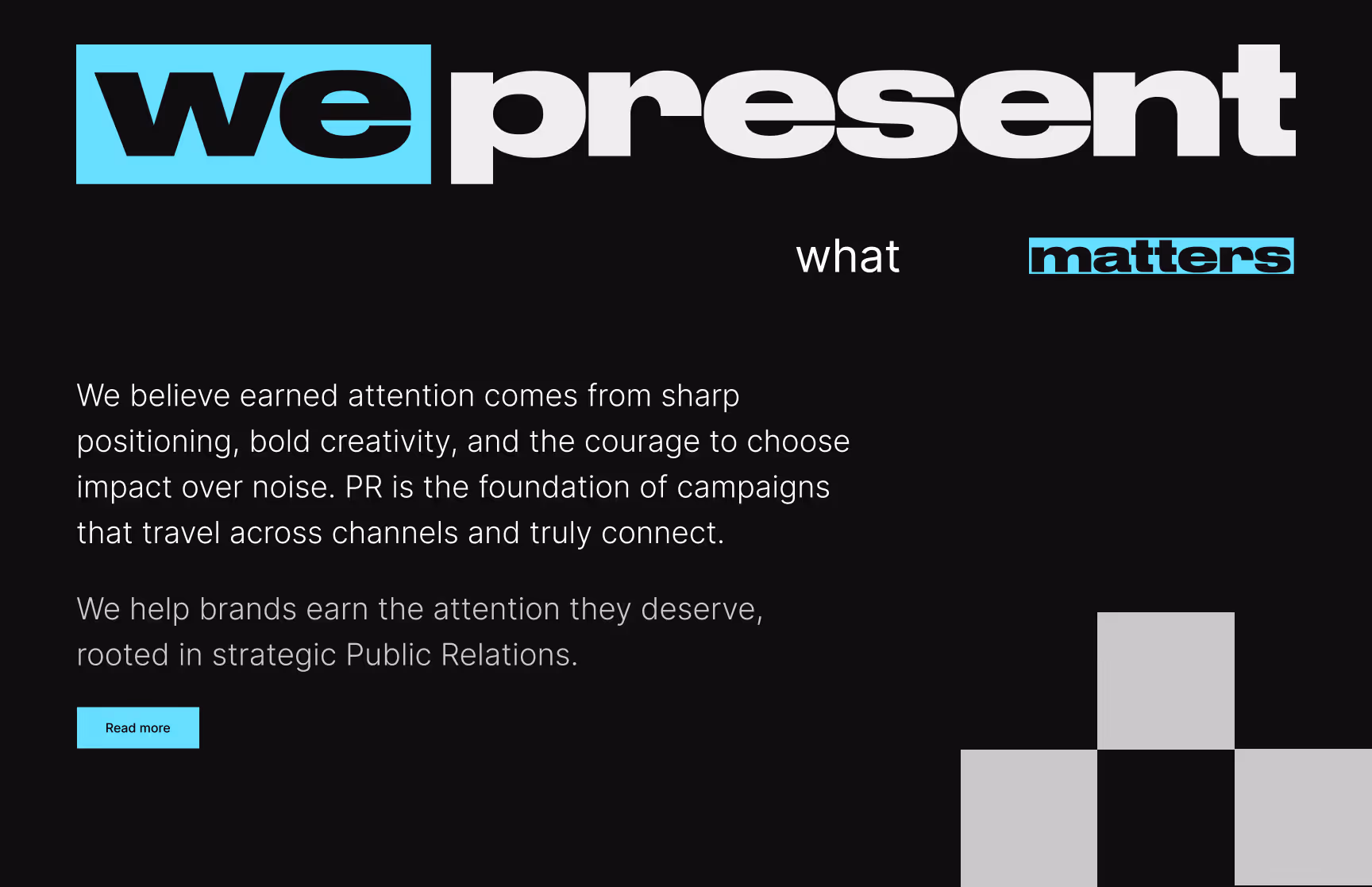 The homepage intro section for We Present