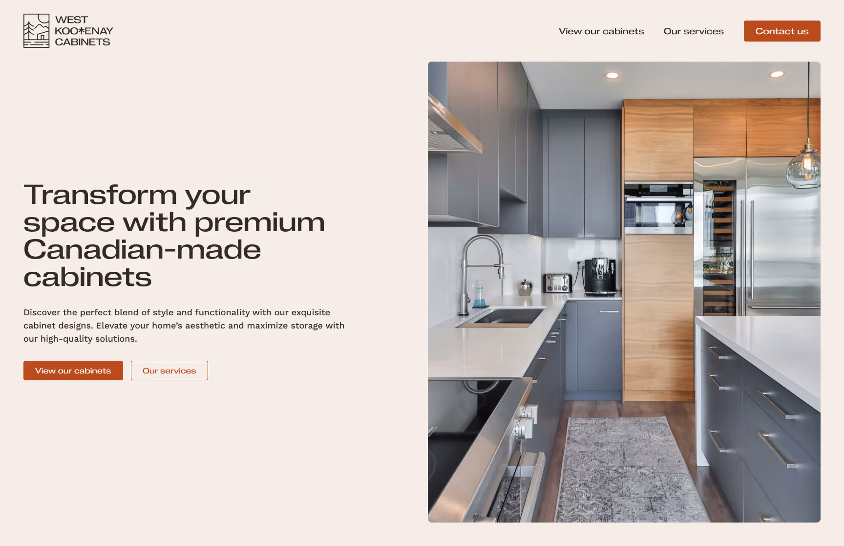 the home page hero section for West Kootenay Cabinets
