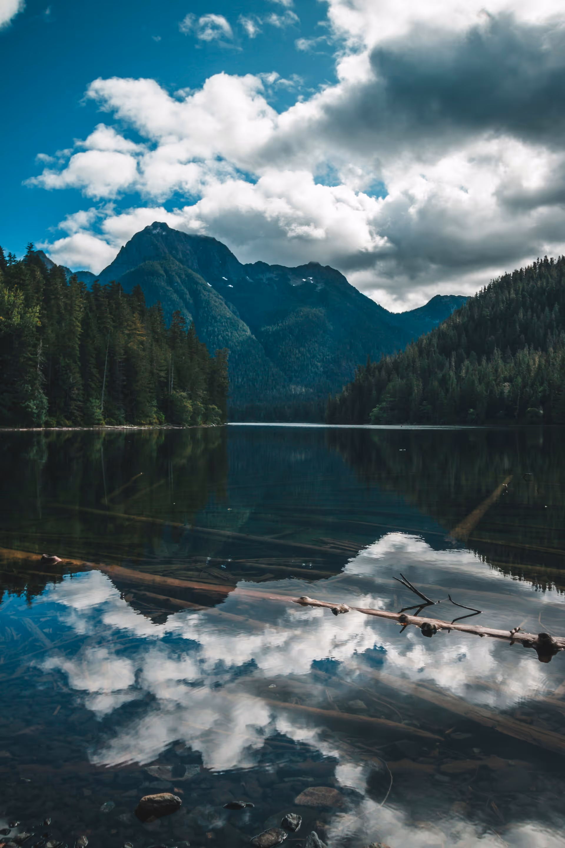 A mountain overtop trees and a reflective lake