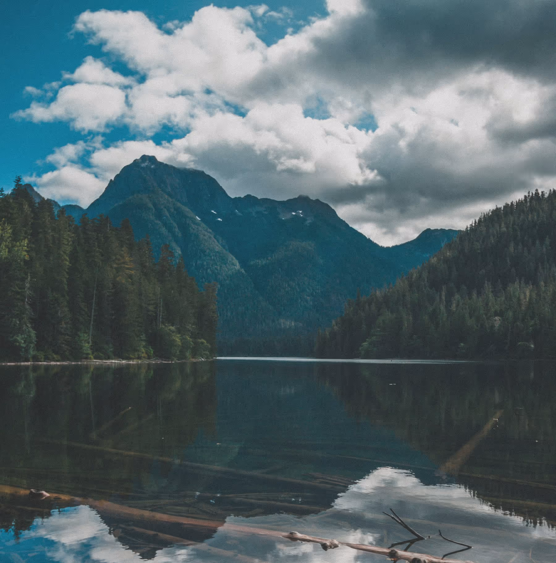 A mountain overtop trees and a reflective lake