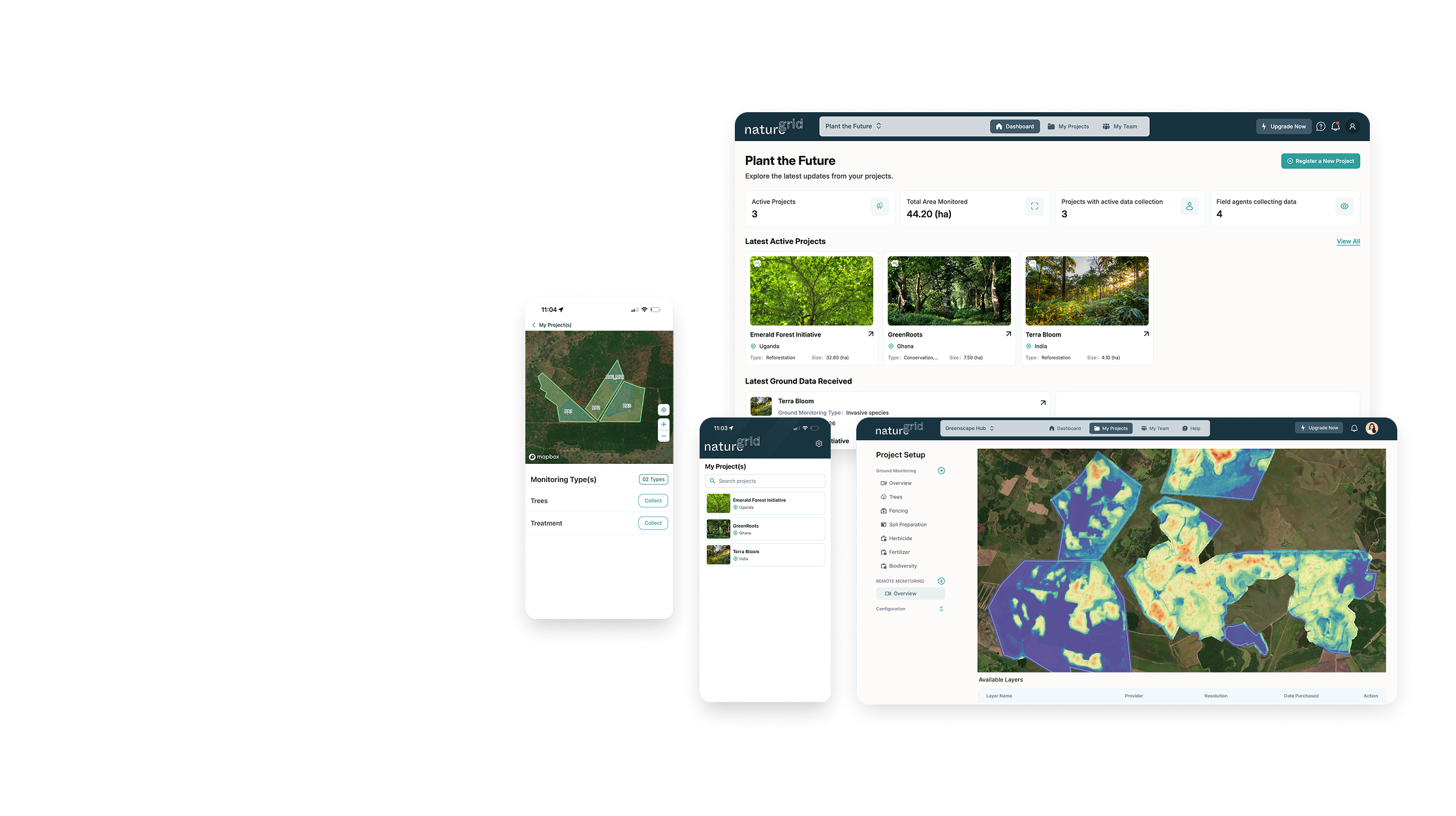 NatureGrid dashboard showing nature project monitoring, field submissions, and reporting data. 
NatureGrid mobile app for offline ground data collection in nature projects.