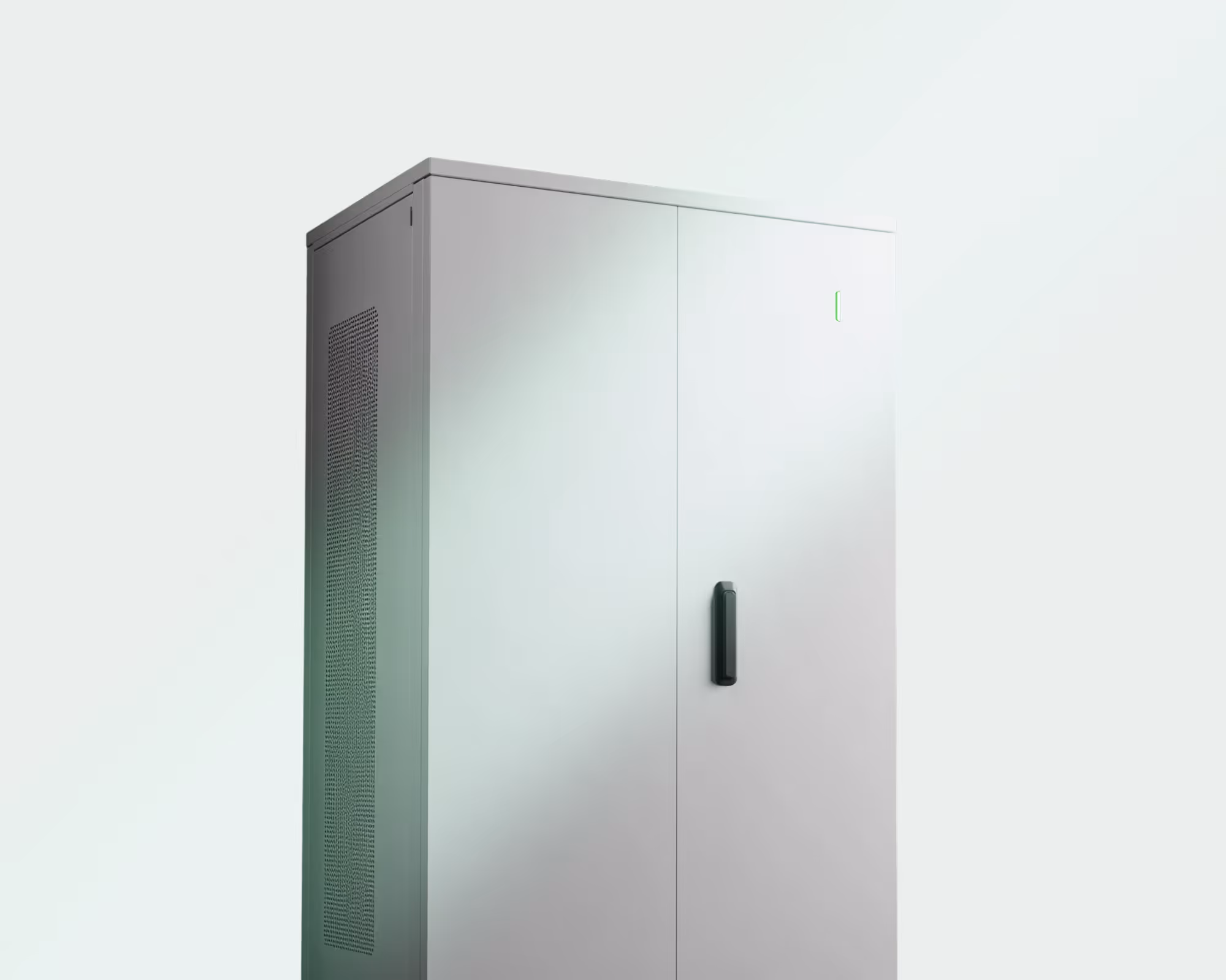 Tall gray battery storage unit with black handle and vented side panel on plain background.