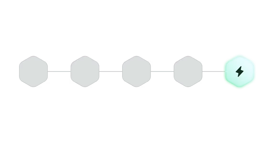 A horizontal progress bar with five hexagons showing the last hexagon highlighted with a lightning bolt.