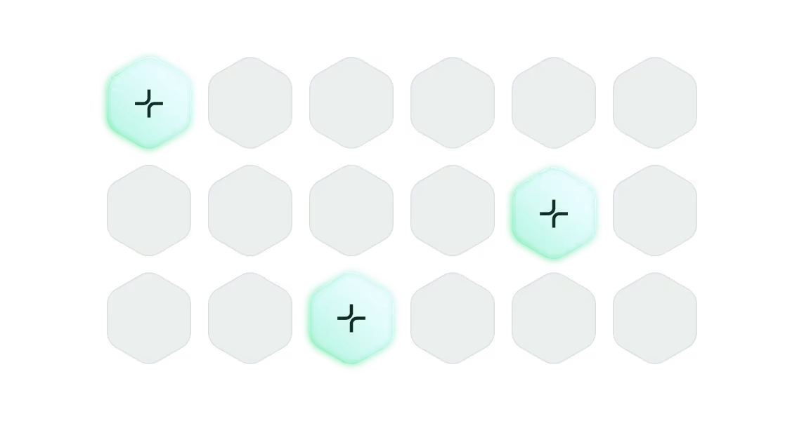 Pattern of hexagons with three glowing green hexagons containing corner bracket icons.