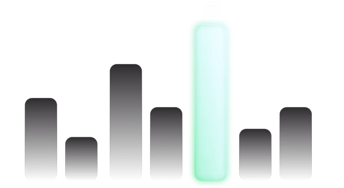 Bar chart with six black bars and one tall glowing green bar topped by a dollar sign.