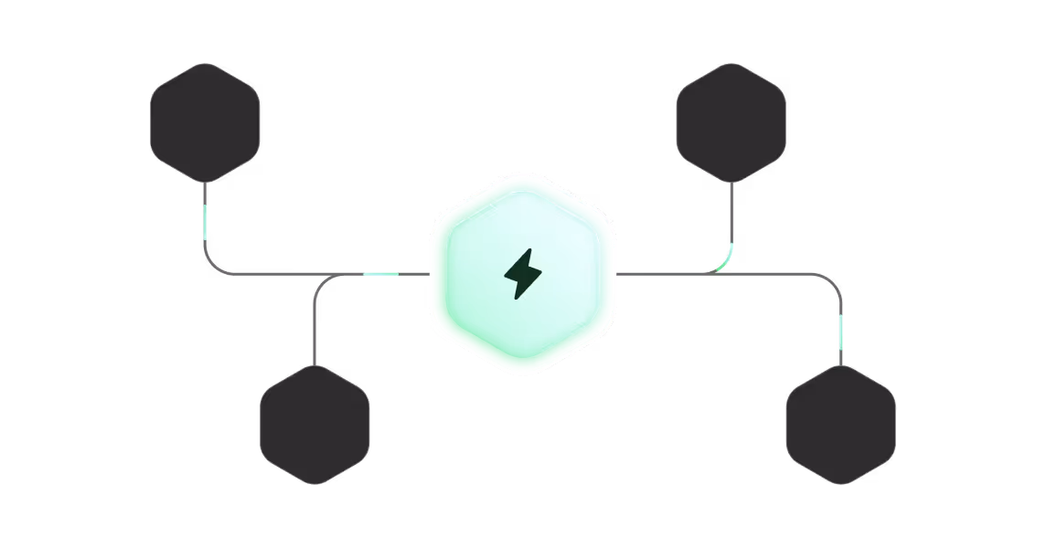 Diagram with a central glowing hexagon featuring a lightning bolt, connected to four empty hexagons around it.