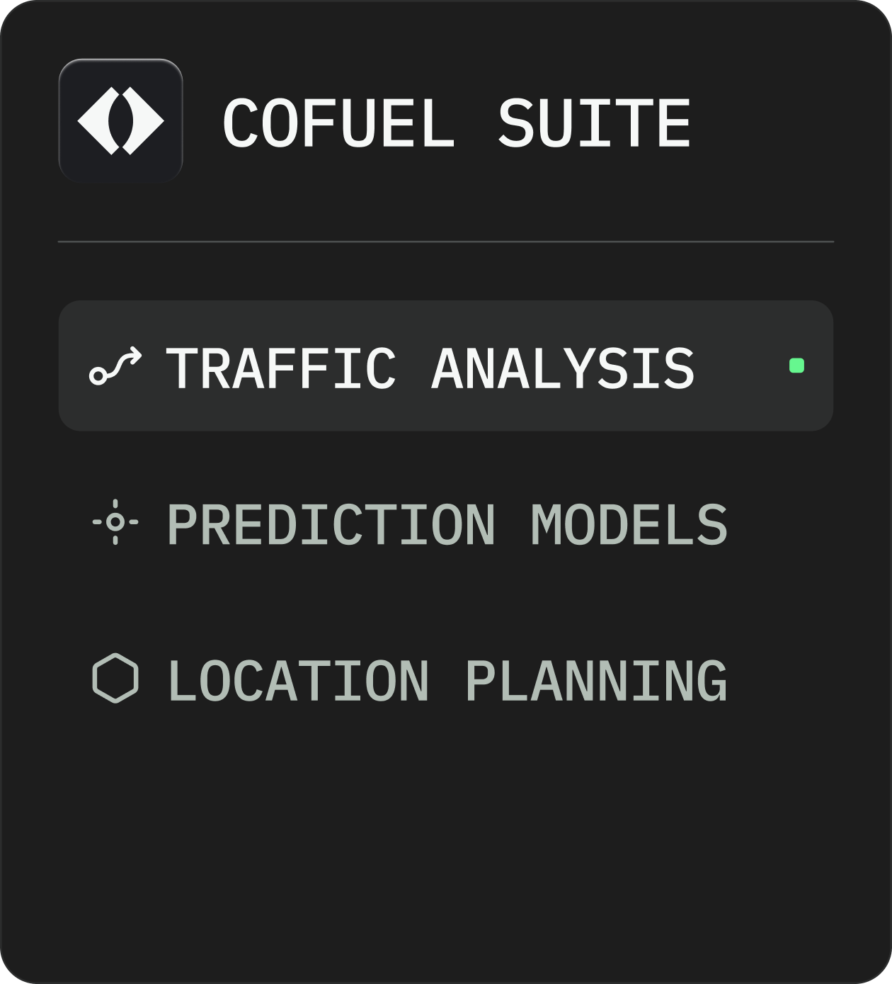 Sidebar menu of Cofuel Suite highlighting Traffic Analysis; also shows Prediction Models and Location Planning.