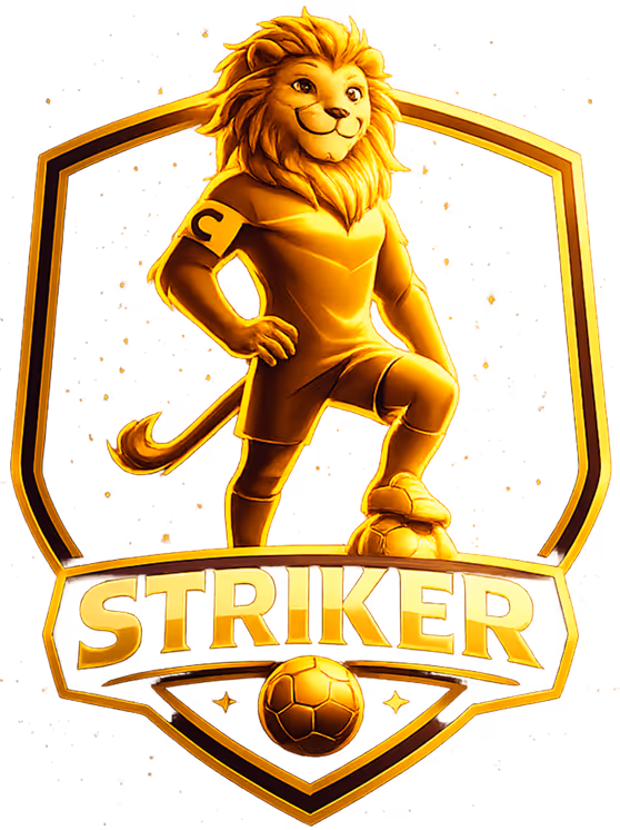 Gold lion mascot wearing a captain's armband, standing with one foot on a soccer ball inside a shield with the word 'STRIKER' below.