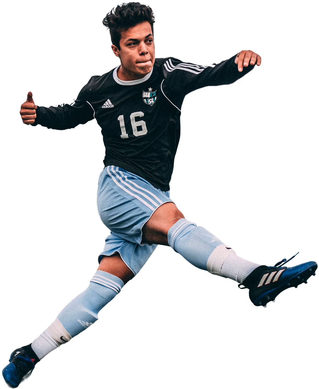 Male soccer player in a black jersey with number 16 and light blue shorts kicking a soccer ball.
