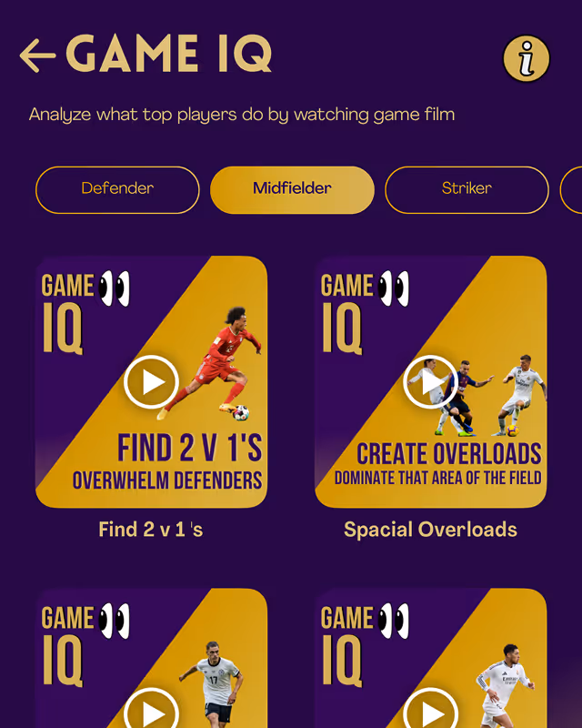 Game IQ interface showing a soccer training module for midfielders with options to find 2 v 1's, create overloads, and other tactical plays using game film analysis.