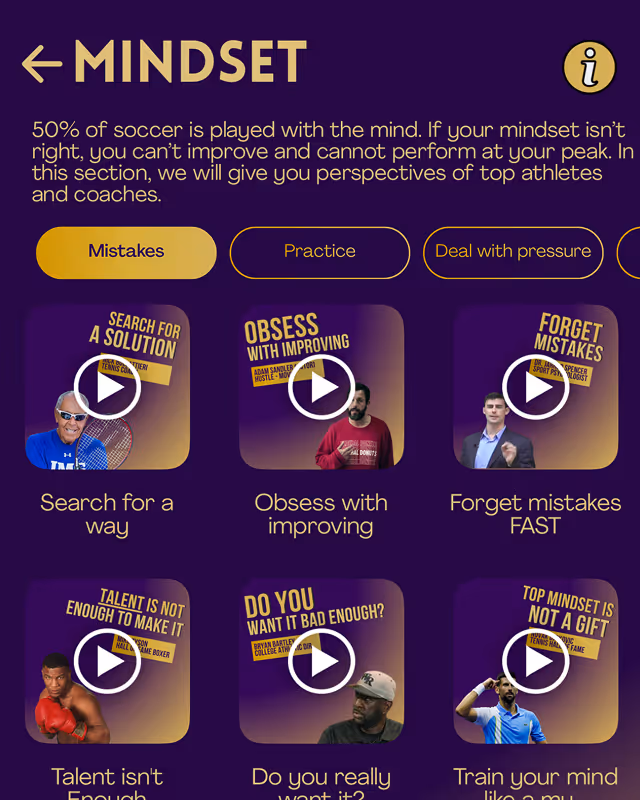 Mindset section showing buttons for Mistakes, Practice, Deal with pressure, with six video thumbnails featuring athletes and coaches discussing mindset topics like searching for a solution, obsessing with improvement, forgetting mistakes fast, talent, drive, and training your mind.