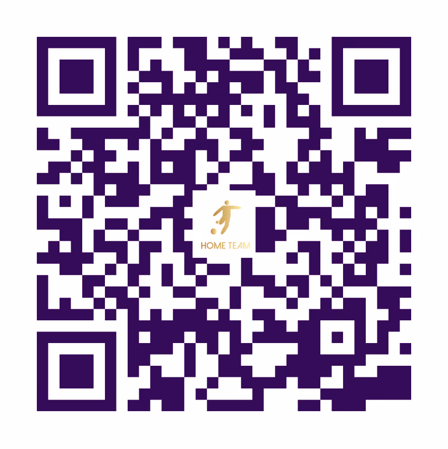 A purple QR code with a small gold logo of a person kicking a ball and the text 'HOME TEAM' in the center.