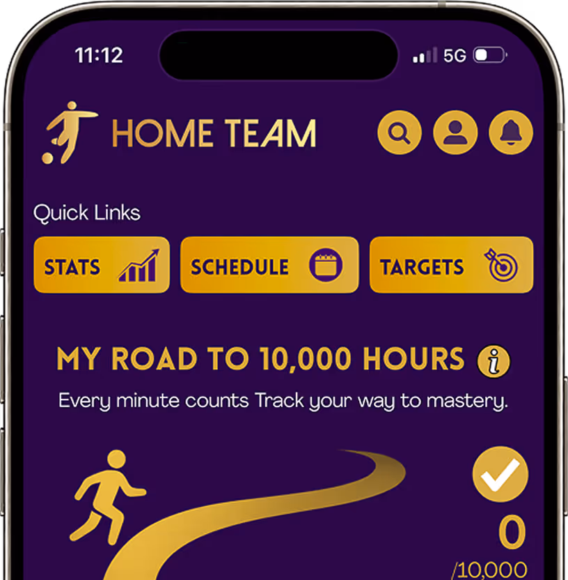 Mobile app screen titled Home Team with quick links for Stats, Schedule, and Targets, showing progress on 'My Road to 10,000 Hours' with a running figure and progress count at zero.