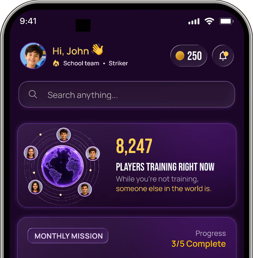 Mobile app screen showing 8,247 players training globally, user profile, and monthly mission progress.