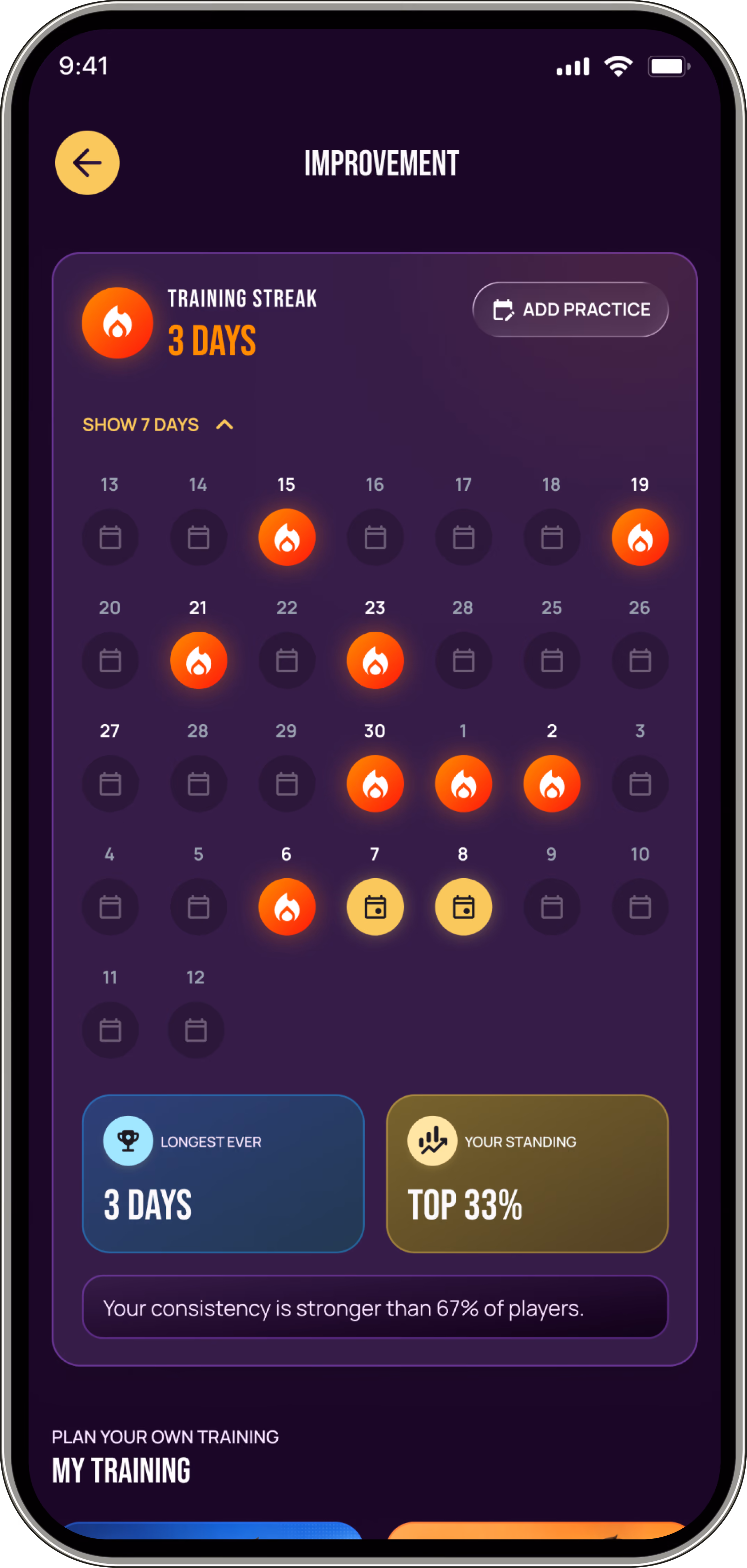 Mobile screen showing a training calendar with a 3-day training streak and top 33% standing.