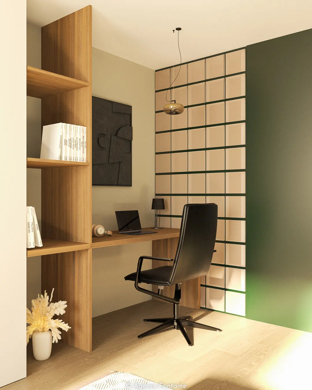 Bureau moderne avec chaise noire, étagères en bois, ordinateur portable et lampe, mur vert à carreaux.