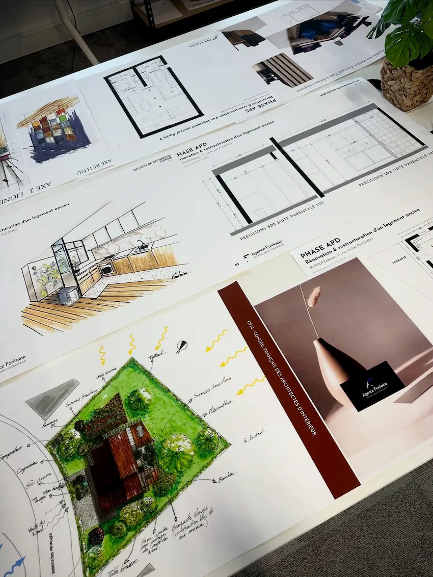 Plans et croquis d'architecture pour la rénovation et restructuration d'un logement ancien.