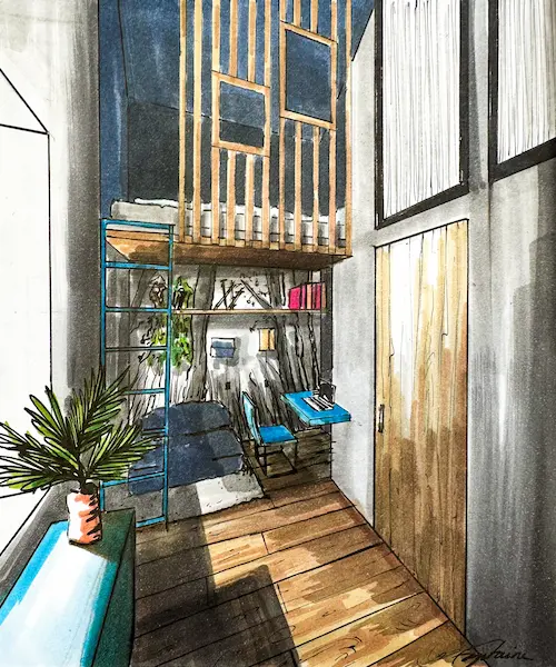 Intérieur avec grands murs, lustre bois, bureau bleu suspendu, chaise, escalier bleu et plante verte.