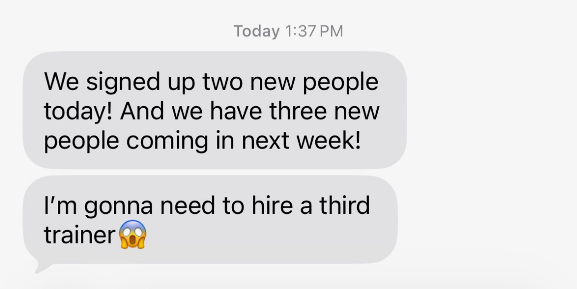 SEO client testimonial saying they signed up so many new people they're going to need to hire another person.