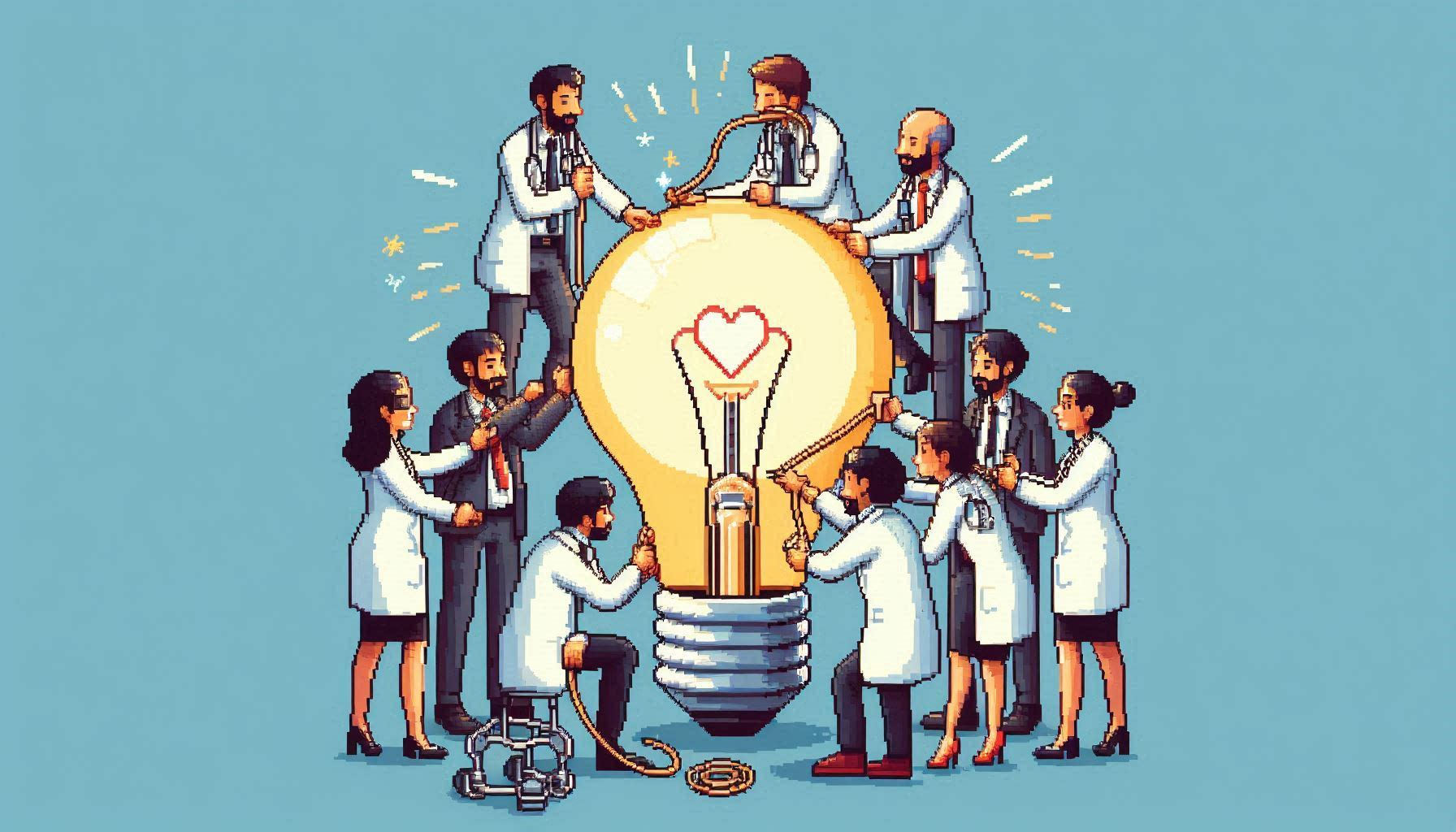 Pixel image of people working around a lightbulb
