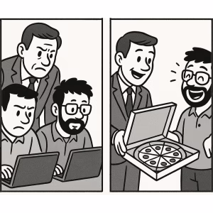 Cartoon of executive buying pizza