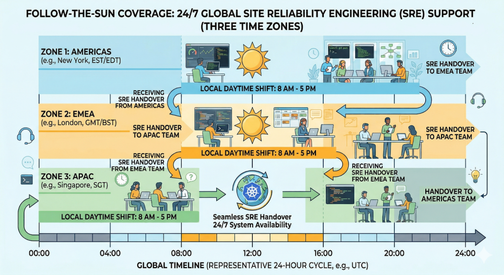 Diagram showing a Follow-the-Sun 24/7 SRE support model across three overlapping time zones — Americas (EST/EDT), EMEA (GMT/BST), and APAC (SGT) — with each team working an 8 AM–5 PM local daytime shift and handing over to the next region sequentially to ensure continuous system availability.