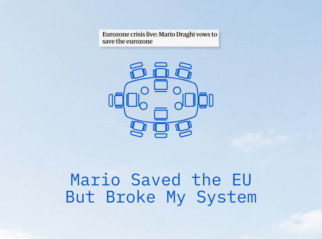 Simple thumbnail - conference table & headline reading 'Eurozone crisis live: Mario Draghi vows to save the eurozone'