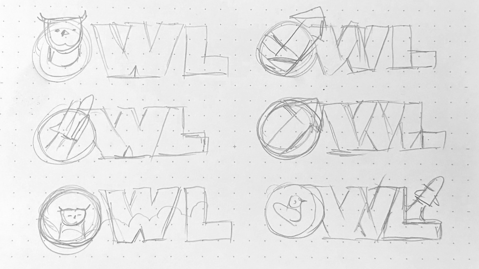 Hand-drawn sketches of the letters OWL with different simple animal and object icons inside the O.