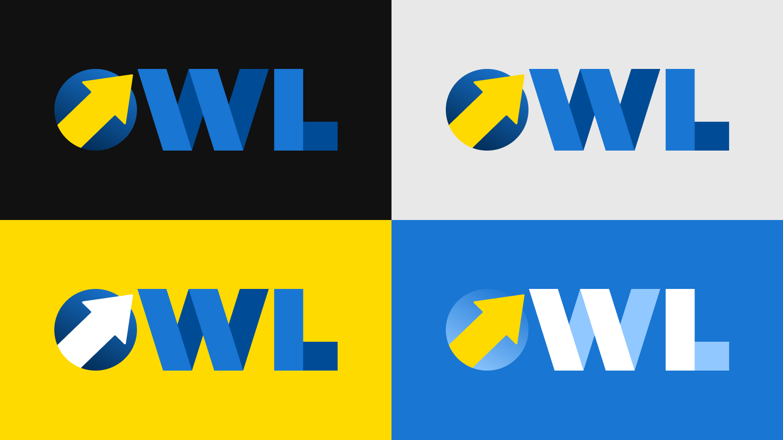 Four variations of OWL logo with a yellow arrow inside a circle next to blue or white OWL letters.