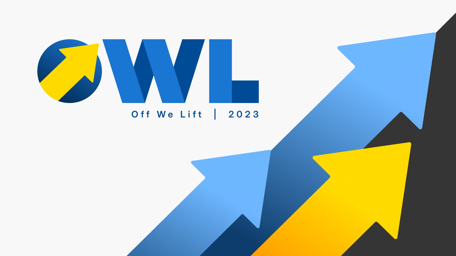 Logo with letters OWL and yellow arrow in blue circle, text 'Off We Lift | 2023' with blue and yellow arrows.