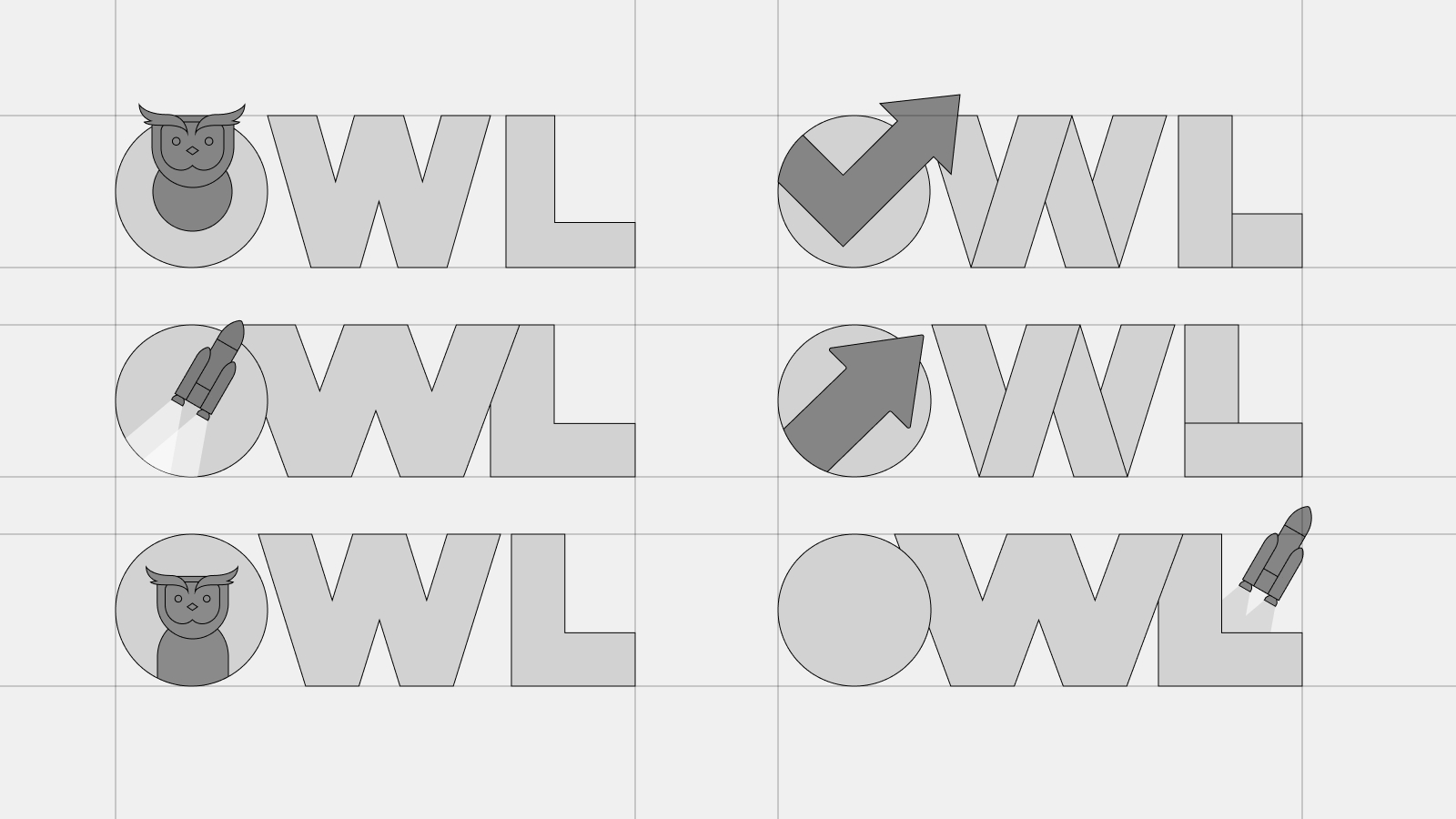 Six variations of 'OWL' with icons: owl face, rocket, arrow, and blank circle integrated in the letters.