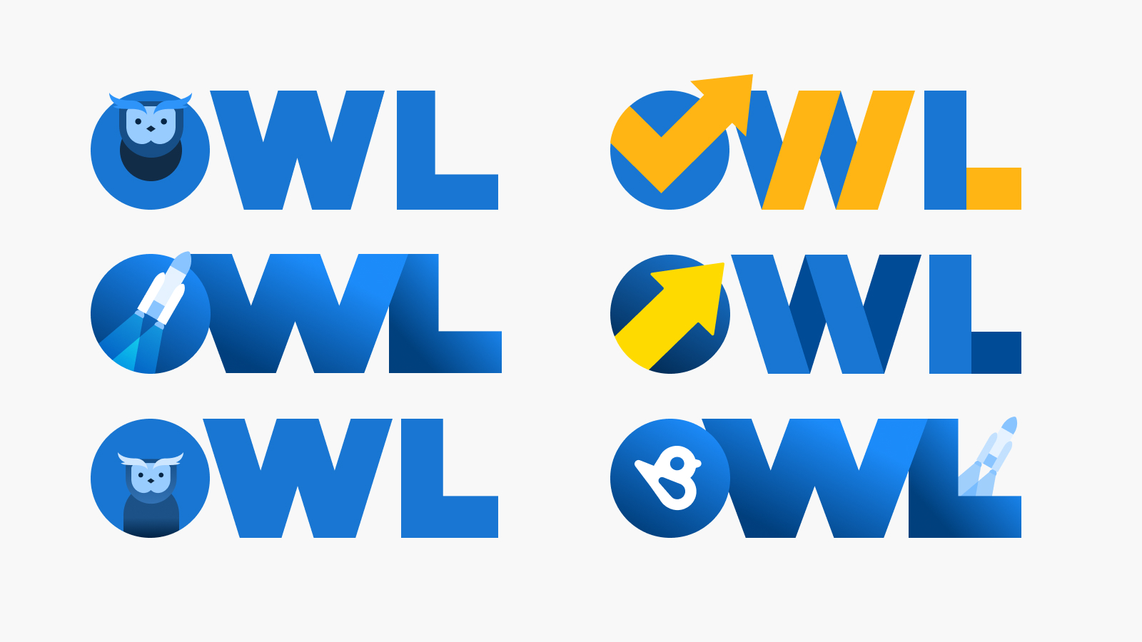 Six graphic logos combining letters OWL with icons like owl, rocket, checkmark, arrow, and bird.