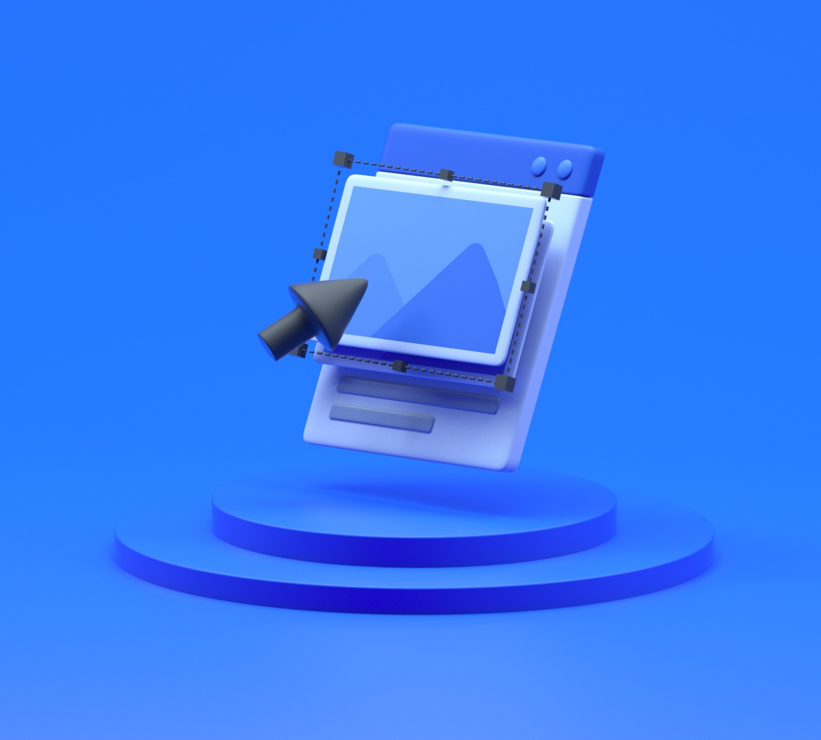 3D icon of a photo editing window with a cursor on a blue podium.