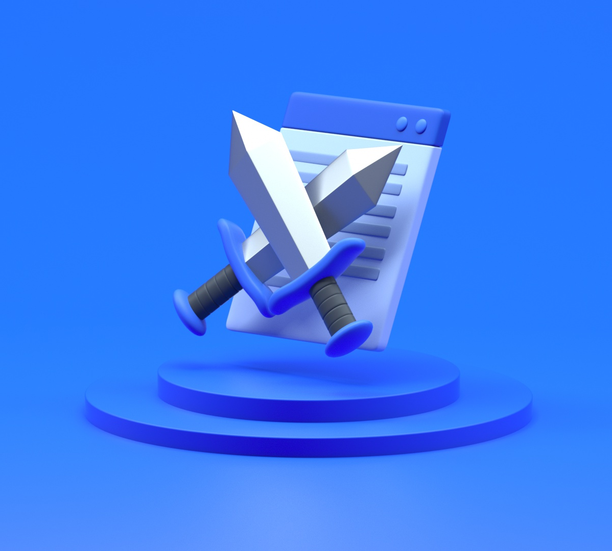 3D swords crossed in front of a stylized document on a two-step pedestal with blue background.