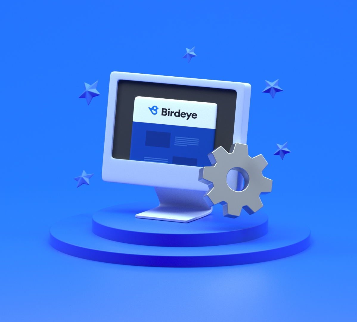 Computer screen showing Birdeye interface with a gear icon and floating stars on blue background.