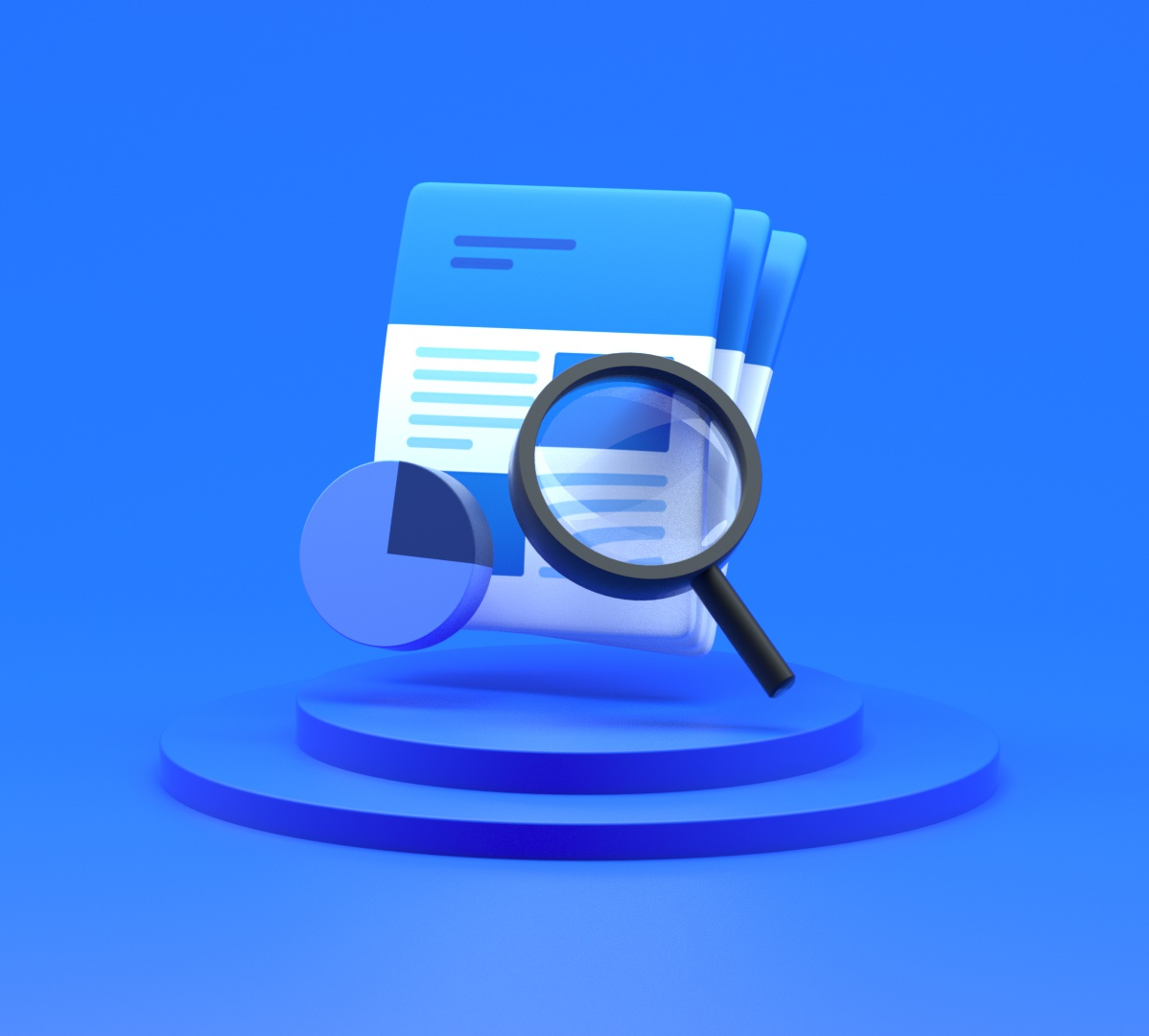 Magnifying glass examining documents and a pie chart on blue background with round platform.