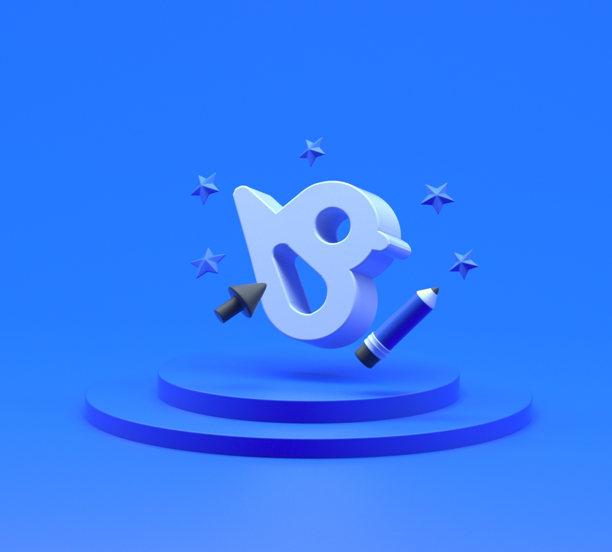Blue 3D paint tool icon with pencil, cursor, and stars on blue tiered platform.
