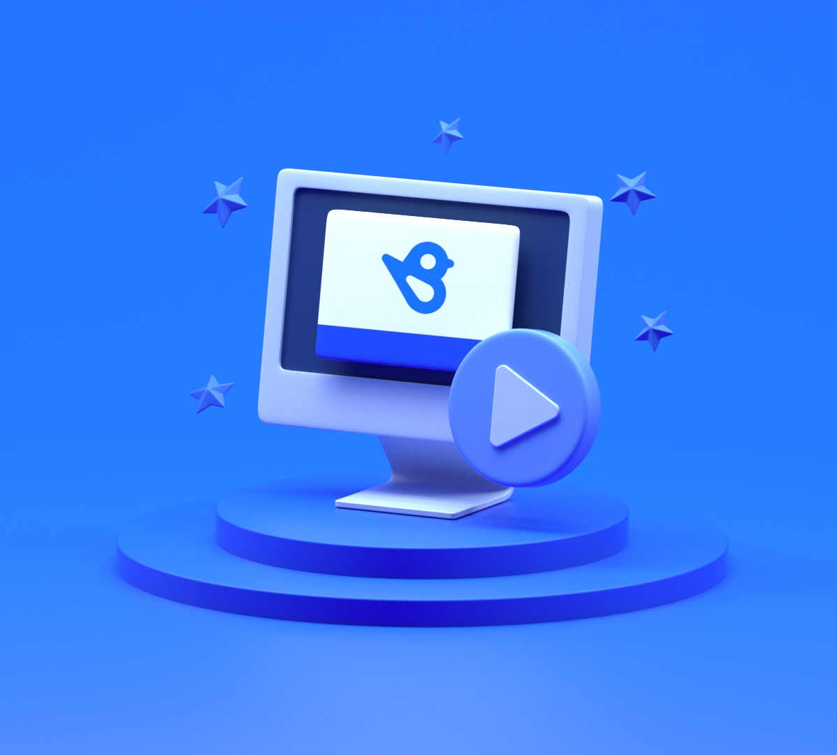 3D computer monitor with a play button and bird icon on screen surrounded by floating stars