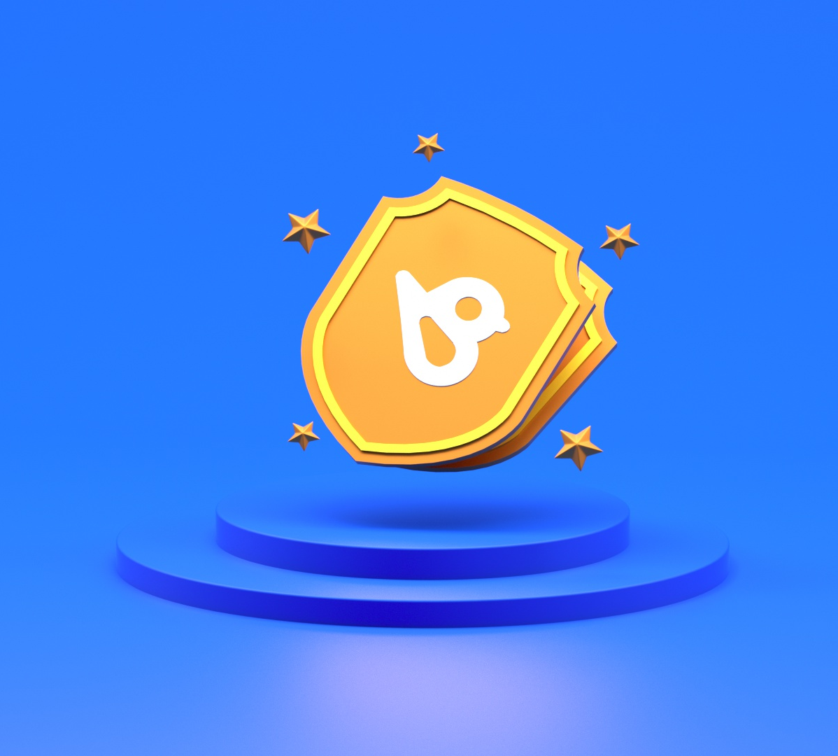Yellow shield with a white 'b' logo floating above blue podium with five golden stars around it.