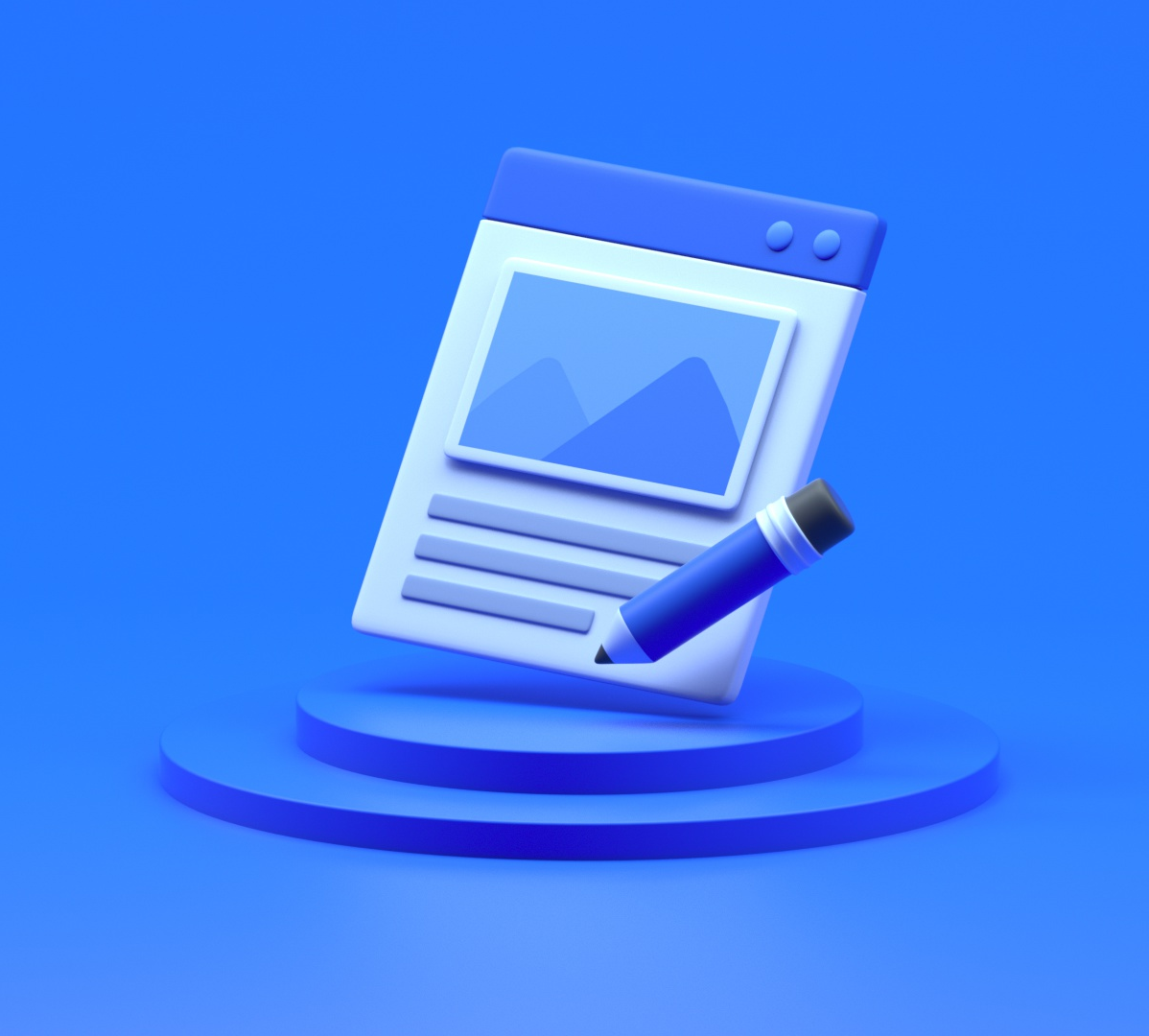 3D blue and white webpage icon with an image and pencil on a blue round platform.