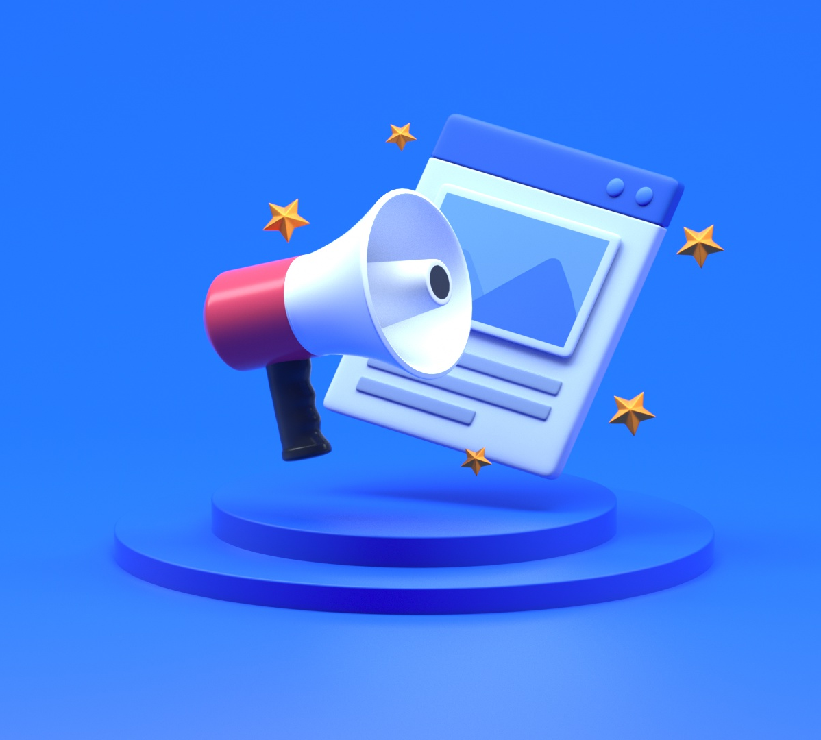 3D megaphone and webpage icon floating above a blue pedestal with surrounding gold stars.