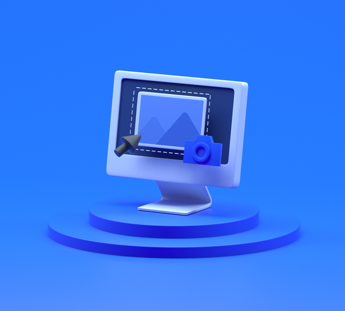 3D computer screen with image editing icons: mountain photo, arrow cursor, and camera on blue podium.