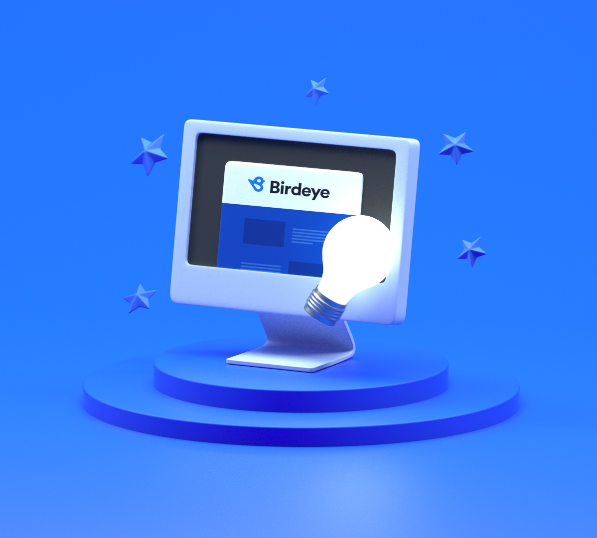 Computer displaying Birdeye website with glowing light bulb and floating stars on blue pedestal.