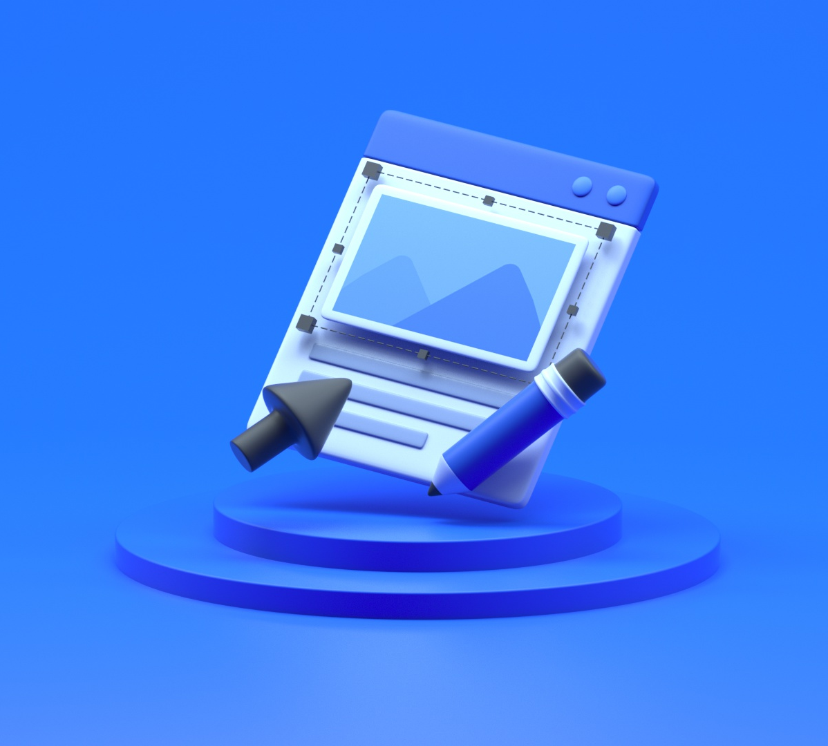 3D graphic of a computer window with an image, a large cursor, and a pencil on a blue pedestal.
