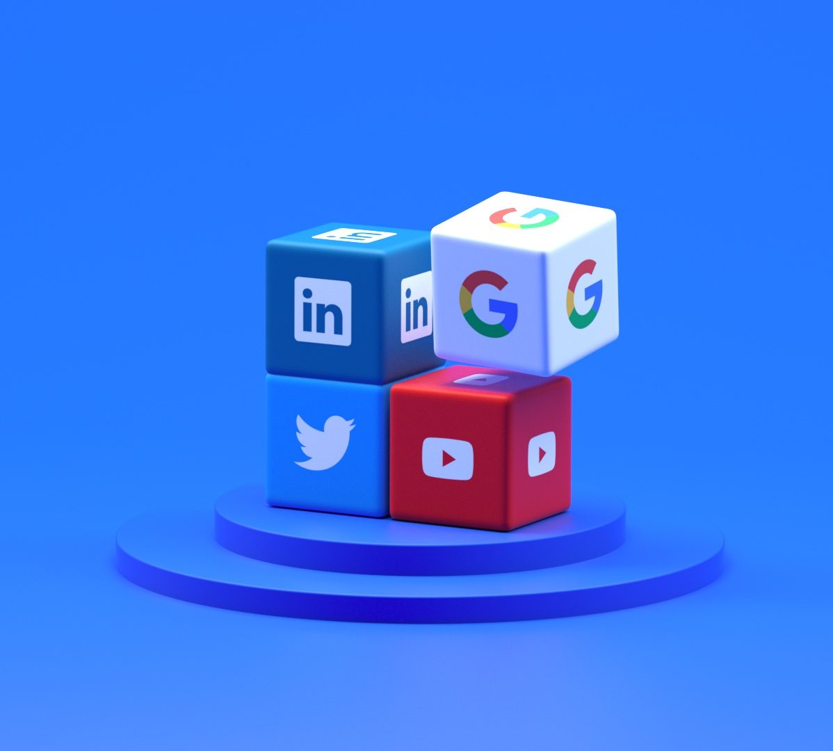 3D cubes with LinkedIn, Twitter, YouTube, and Google logos stacked on a blue platform.