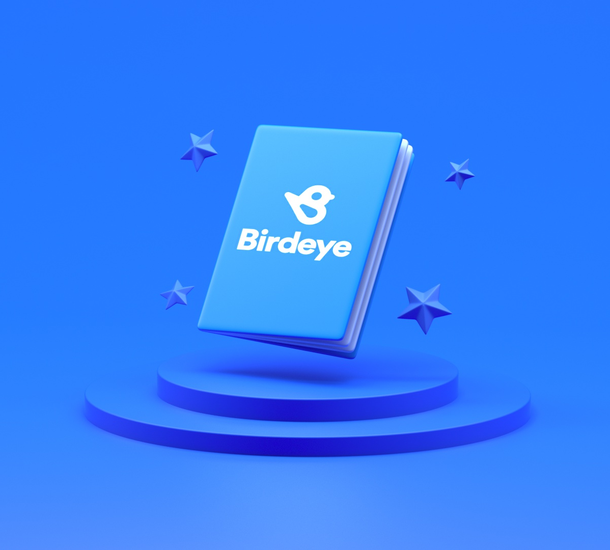 Blue book with Birdeye logo floating above a blue podium with four blue stars around it.