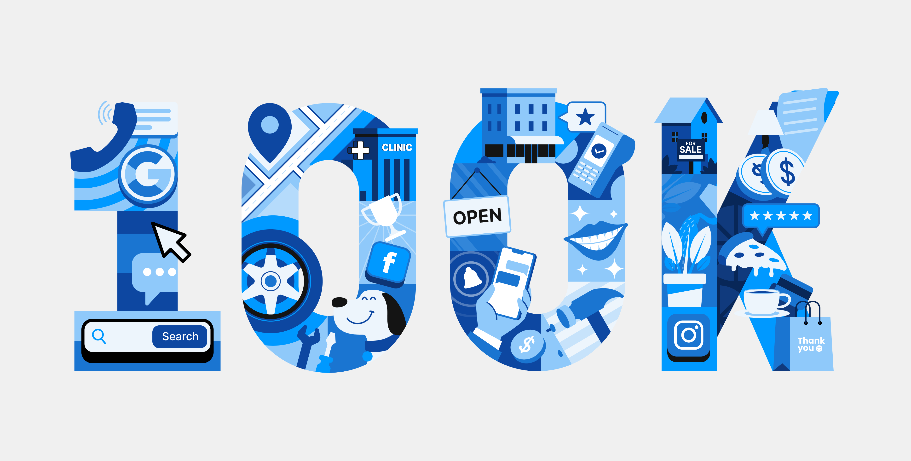 The word 100K filled with icons of phone, map, clinic, social media, open sign, smile, house for sale, and shopping items.